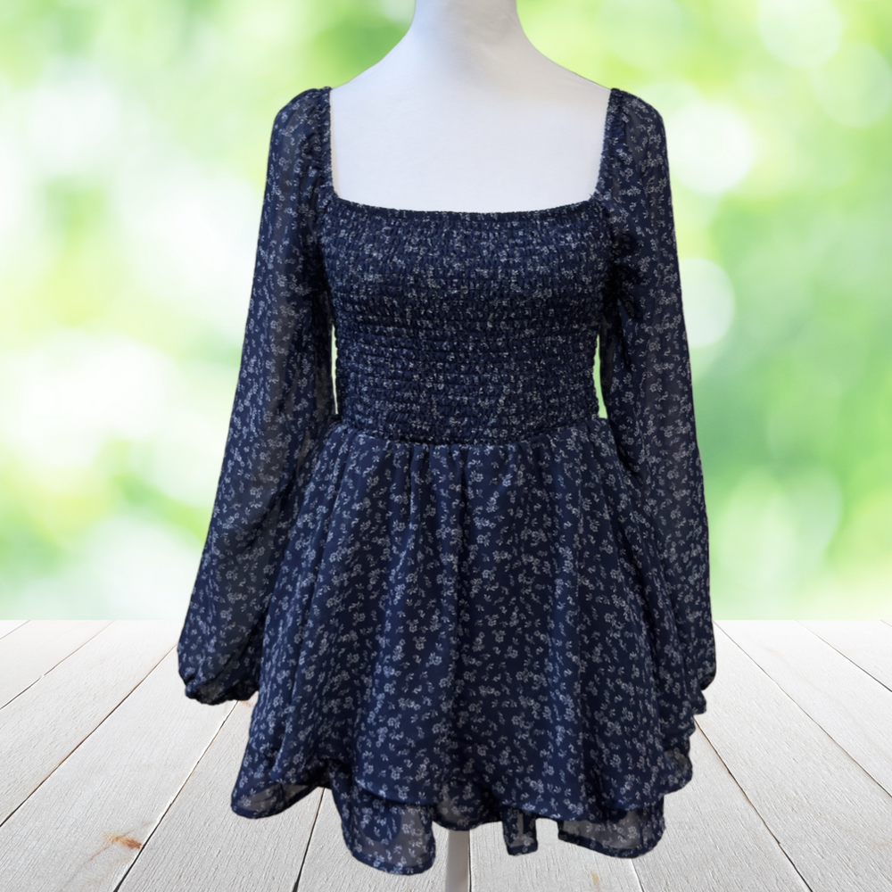 ARDEN B Mini Dress Built In Shorts Blue Floral Smocked Tiered Layered EUC Sz XL - Picture 3 of 16